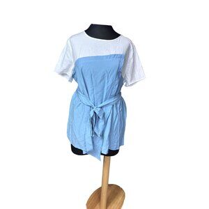 Shein Womens White & Blue Colorblock Short Sleeve Blouse With Tie Belt - Size L